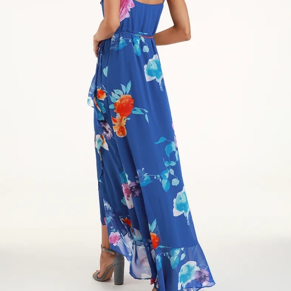 NWT LULUS ROYAL BLUE FLORAL PRINT RUFFLED MAXI DRESS - Picture 7 of 9
